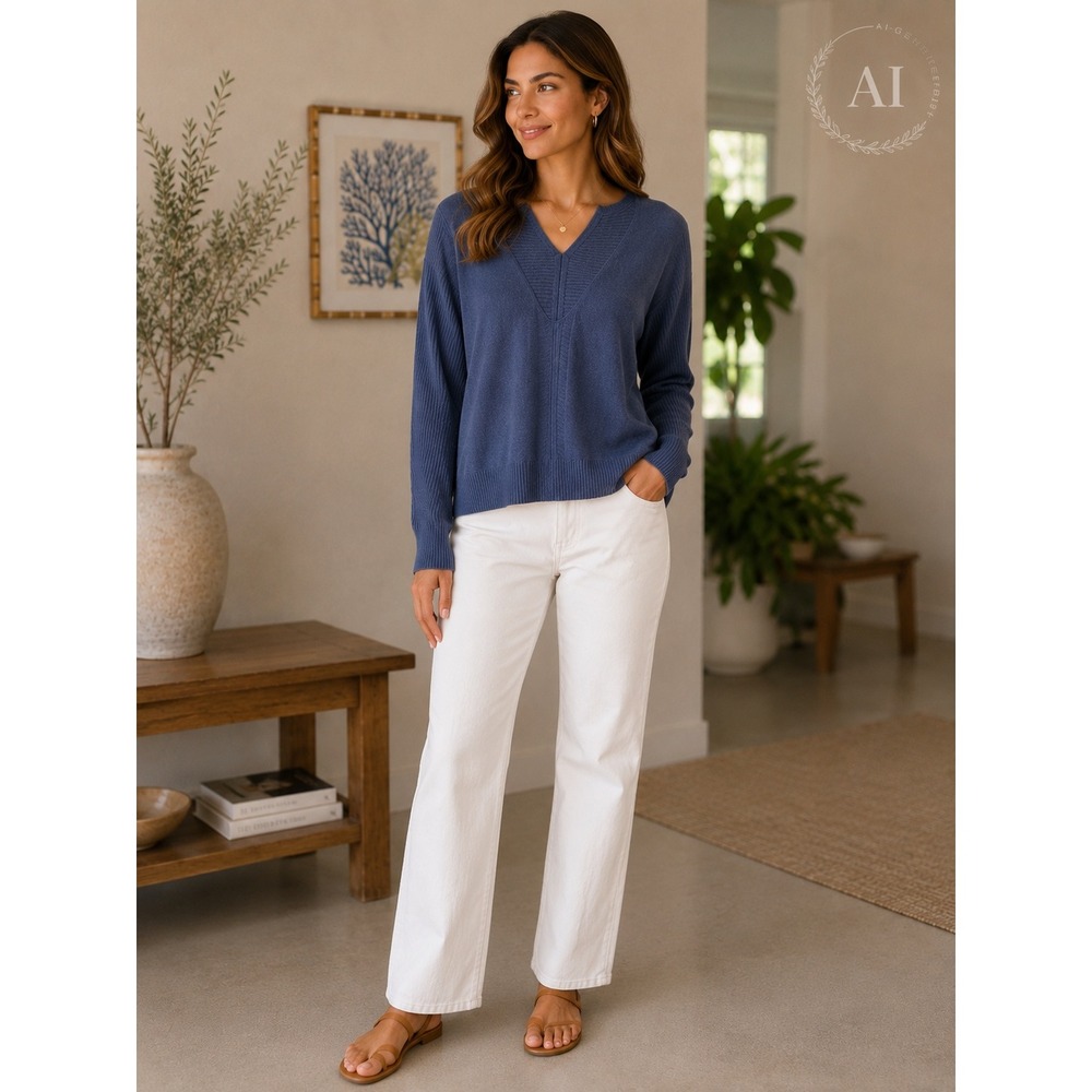 Eileen Fisher Blue Merino Wool V-Neck Ribbed Knit Sweater Italian Yarn Small